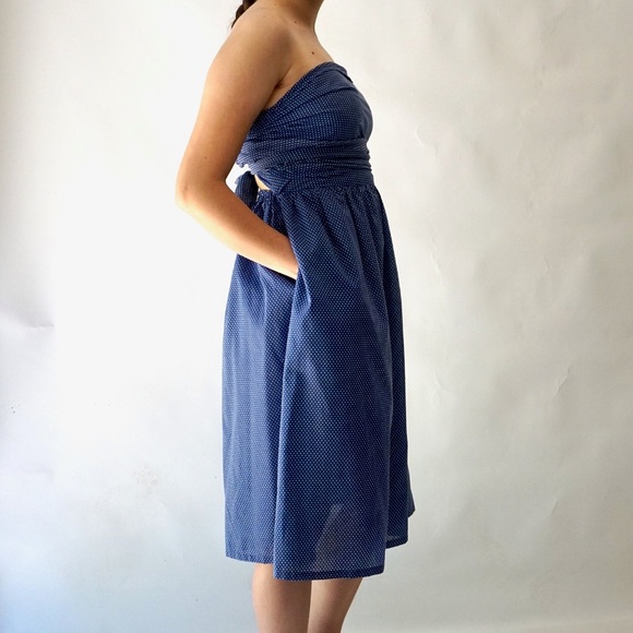 Strapless cotton handmade blue white polkadot dress - Picture 3 of 10